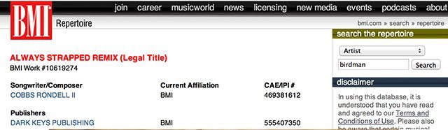 Birdman's "Always Strapped" listed on the BMI repertoire