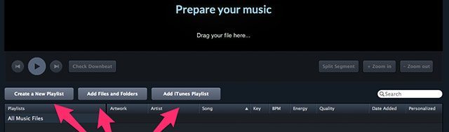 Import tracks to Flow from the desktop or iTunes with the buttons or by dragging them in.