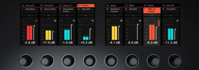 Maschine Studio's screens showing the new Mixer mode