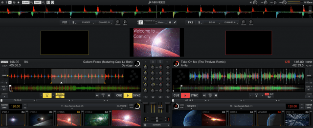 Two Cross 3 sample banks blend together with a Text Titler in the master video output.