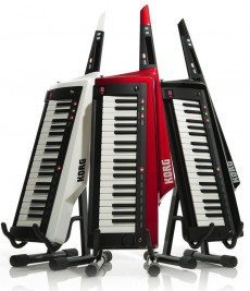 Korg RK-100s Keytars in white, red, and black.