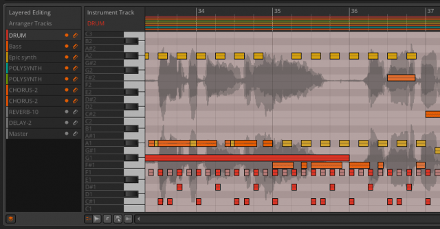 Layered editing in Bitwig Studio. You can edit multiple tracks together.