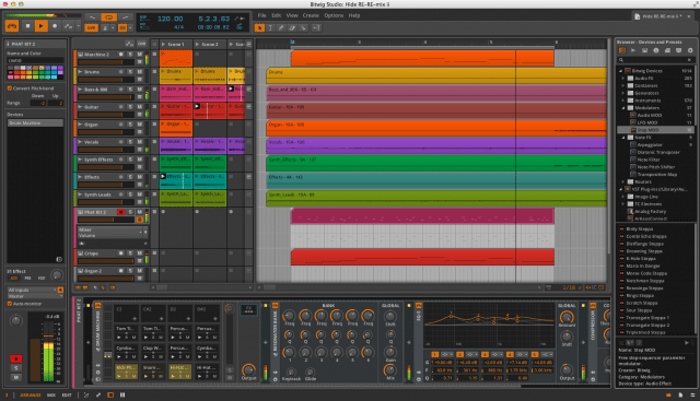 Bitwig Studio with the Central Panel in Arrange view.