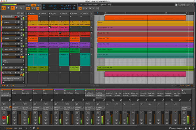 Bitwig with the clip launcher, arrangement and mixer showing.