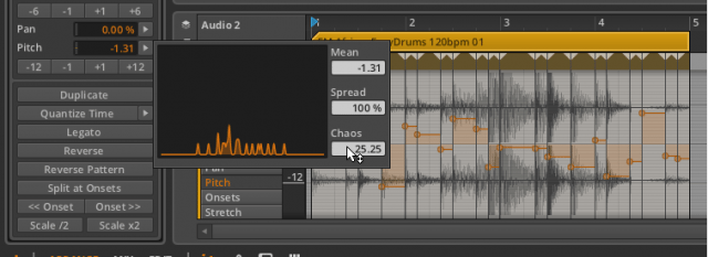 The Bitwig Histogram editing multiple audio events randomly.