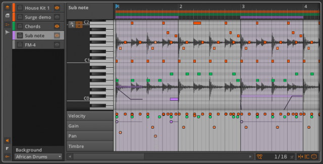 Bitwig's layered editing with an audio track as reference.