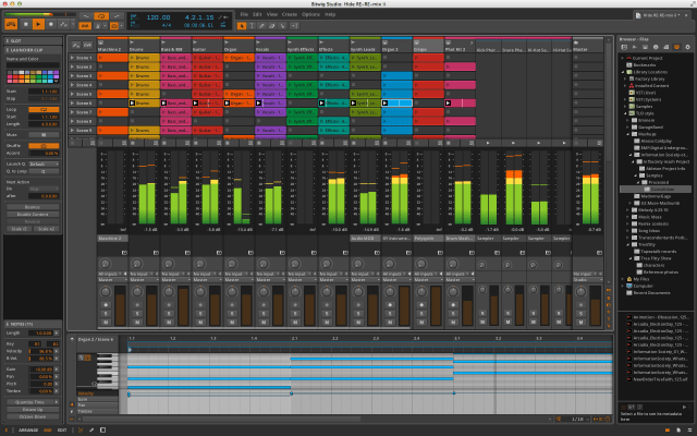 Bitwig with the Central Panel in Mix view and the Drum Machine track unfolded.