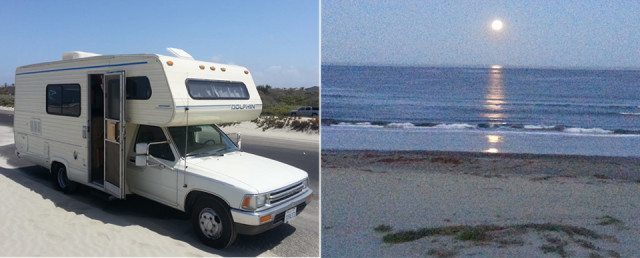 At left, the Toyota Dolphin where the studio lives. At right, a typical view from his studio.