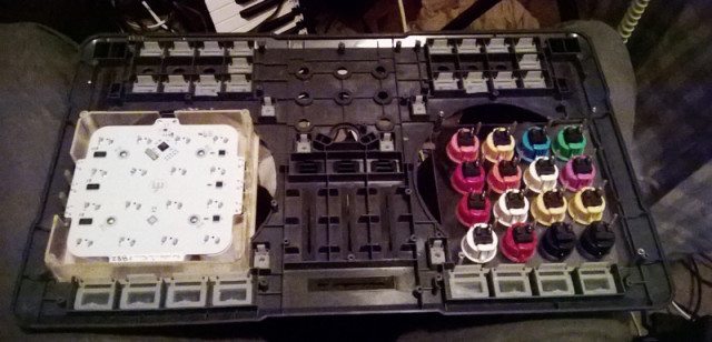 Midi Fighters mounted in the cut chassis.