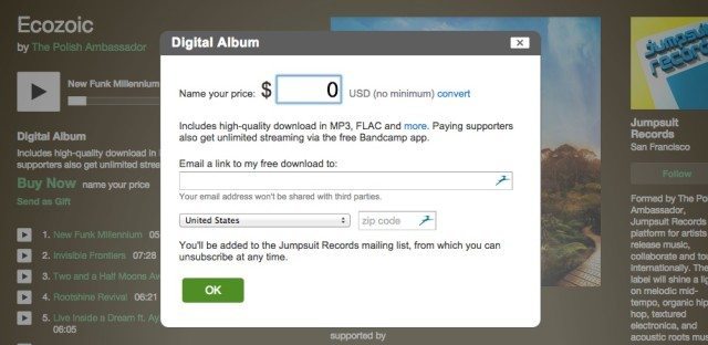 Bandcamp makes it easy to have a "Name Your Price" option on tracks, where $0 is an option if you enter an email.