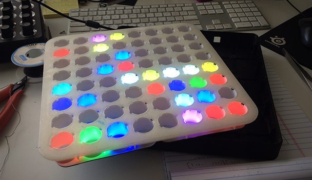 With the boards connected, the under-development Midi Fighter 64. 