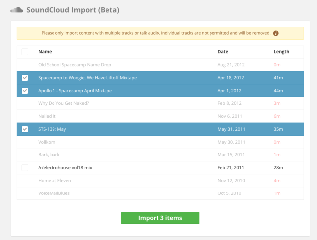 Mixcloud's simple import screen