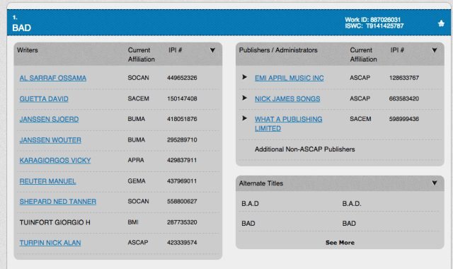 The ASCAP title page for David Guetta's "BAD"