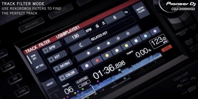 CDJ-2000NXS2's new color touch screen showing Track Filter