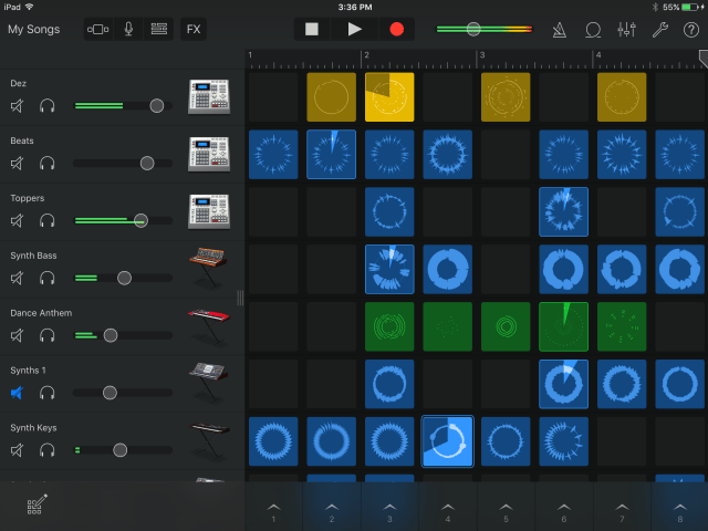 The Live Loops view with track mixer visible in GarageBand for iOS 2.1.