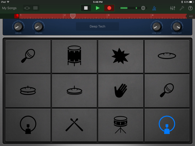 The drum machine instrument interface in GarageBand for iOS 2.1.