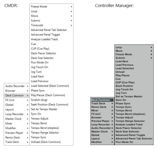 cmdr's control order (right) is alphabetical - a bit confusing compared to Traktor's ordering