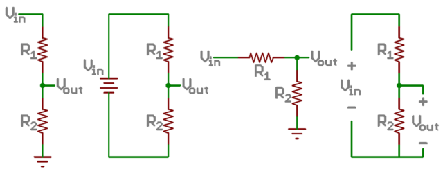 Examples of voltage divider schematics. Shorthand, longhand, resistors at same/different angles, etc. (Image via SparkFun)