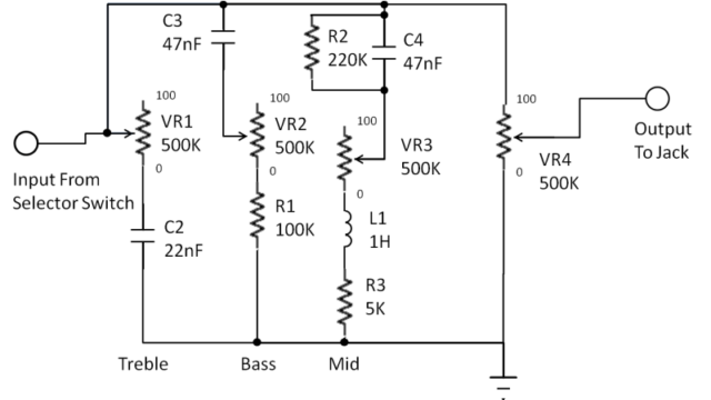 The circuit diagram of a 3-band EQ