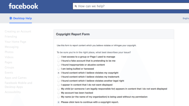 The only way to request a copyright takedown on Facebook appears to be by filling out a form, manually.
