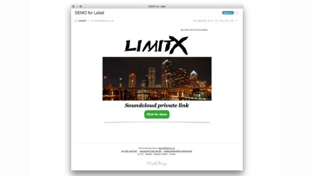 "My demo for the best labels", this email says. A fancy MailChimp template makes it look even more artificial, the opposite of what a real person-to-person email would look like