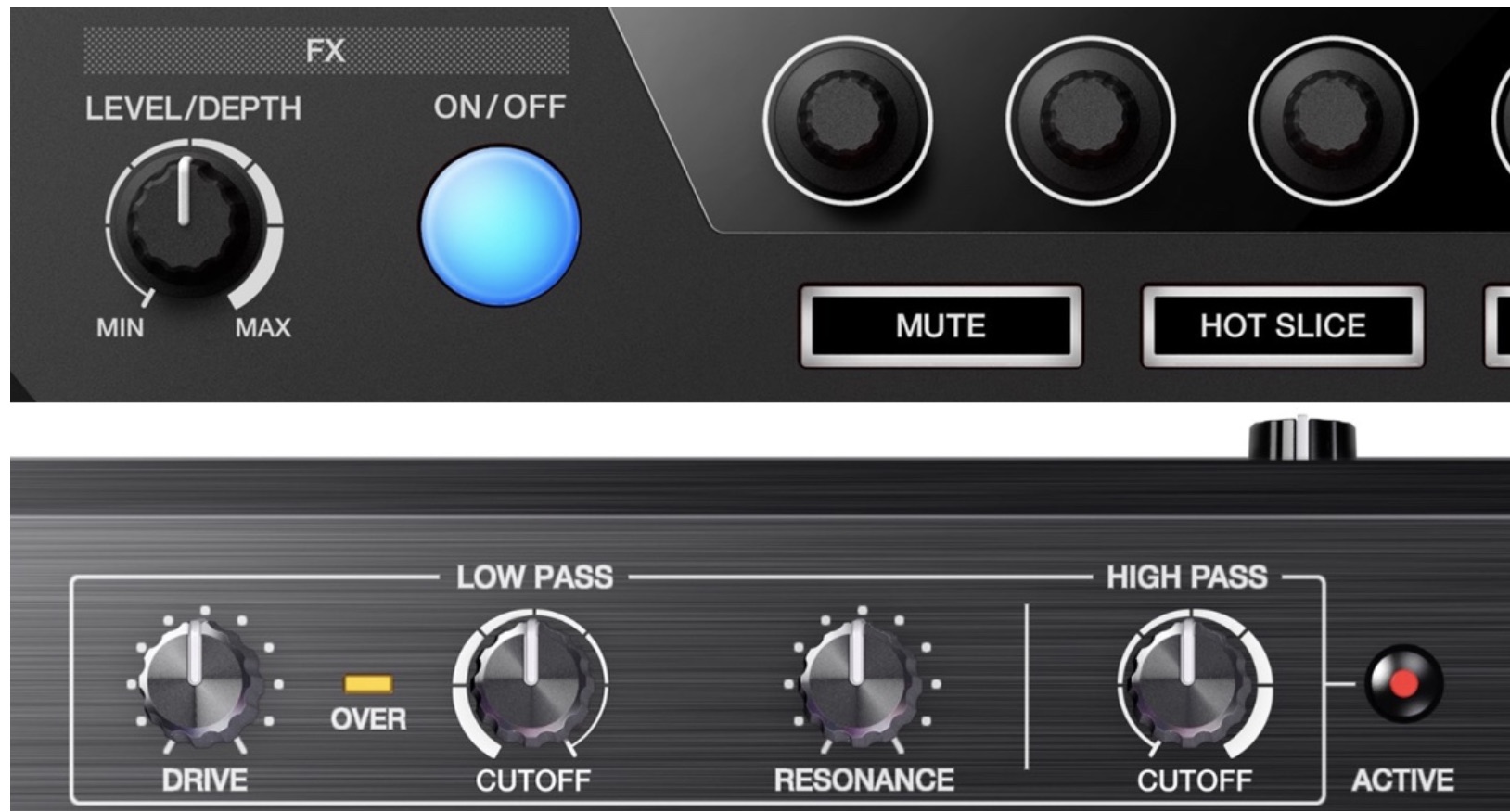 DJS-1000 effect controls (top) vs SP-16 Dave Smith filter section (bottom)