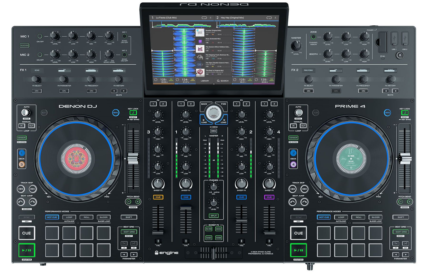 Denon DJ PRIME 4+ 4-Deck Touchscreen Standalone DJ Controller w Red Flight  Case