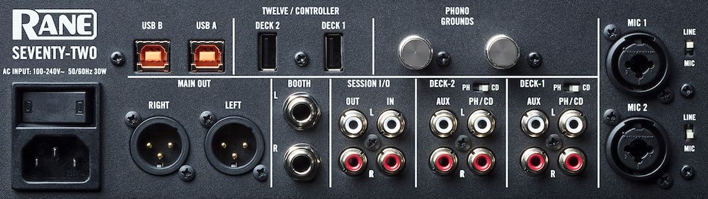 The rear of a Rane Seventy Two DJ mixer