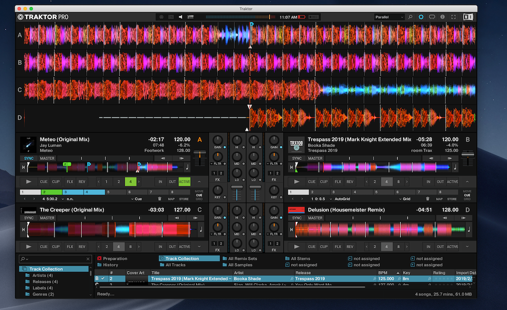 Traktor Pro 3.1 with four decks all running in Parallel Full modes