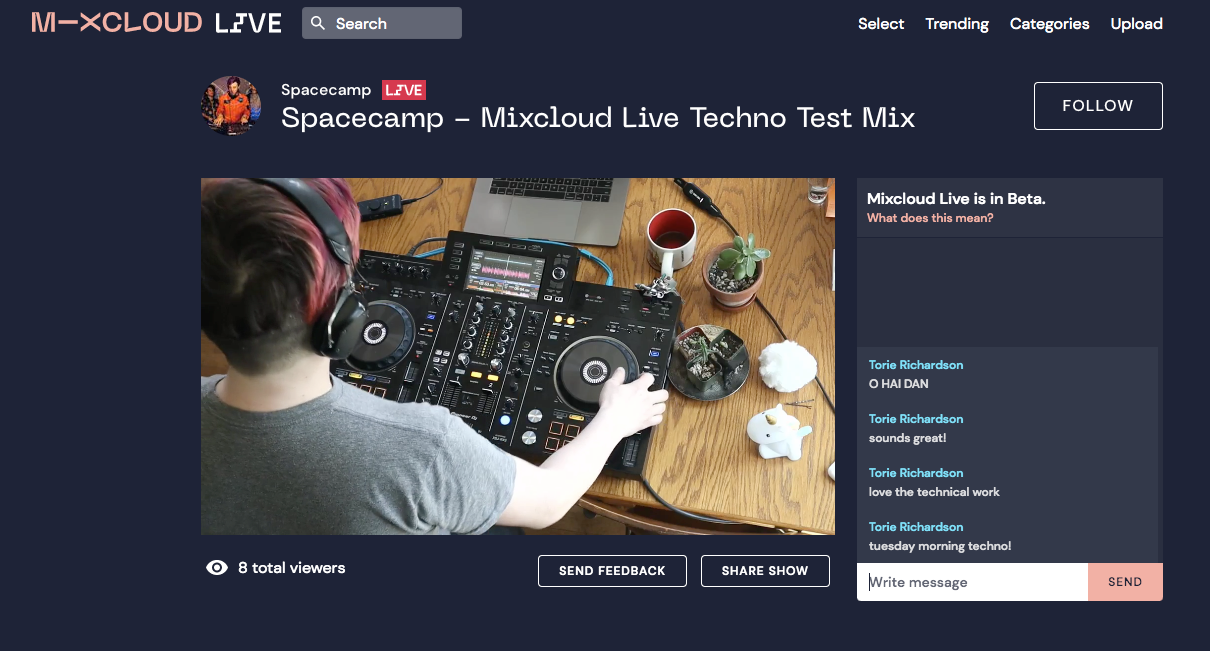 DJ Spacecamp mixing on Mixxcloud Live