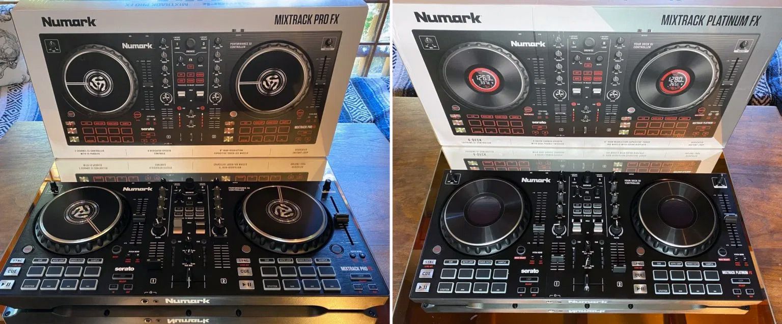 A side-by-side look at the Mixtrack Pro FX (left) and the Mixtrack Platinum FX (right). Photo: Freddie Fiers