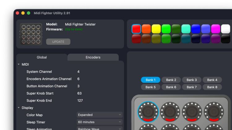 A screenshot of the 2.91 version of the Midi Fighter Utility software in Dark Mode