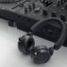 HDJ-F9 headphones next to a DJM-V5 mixer